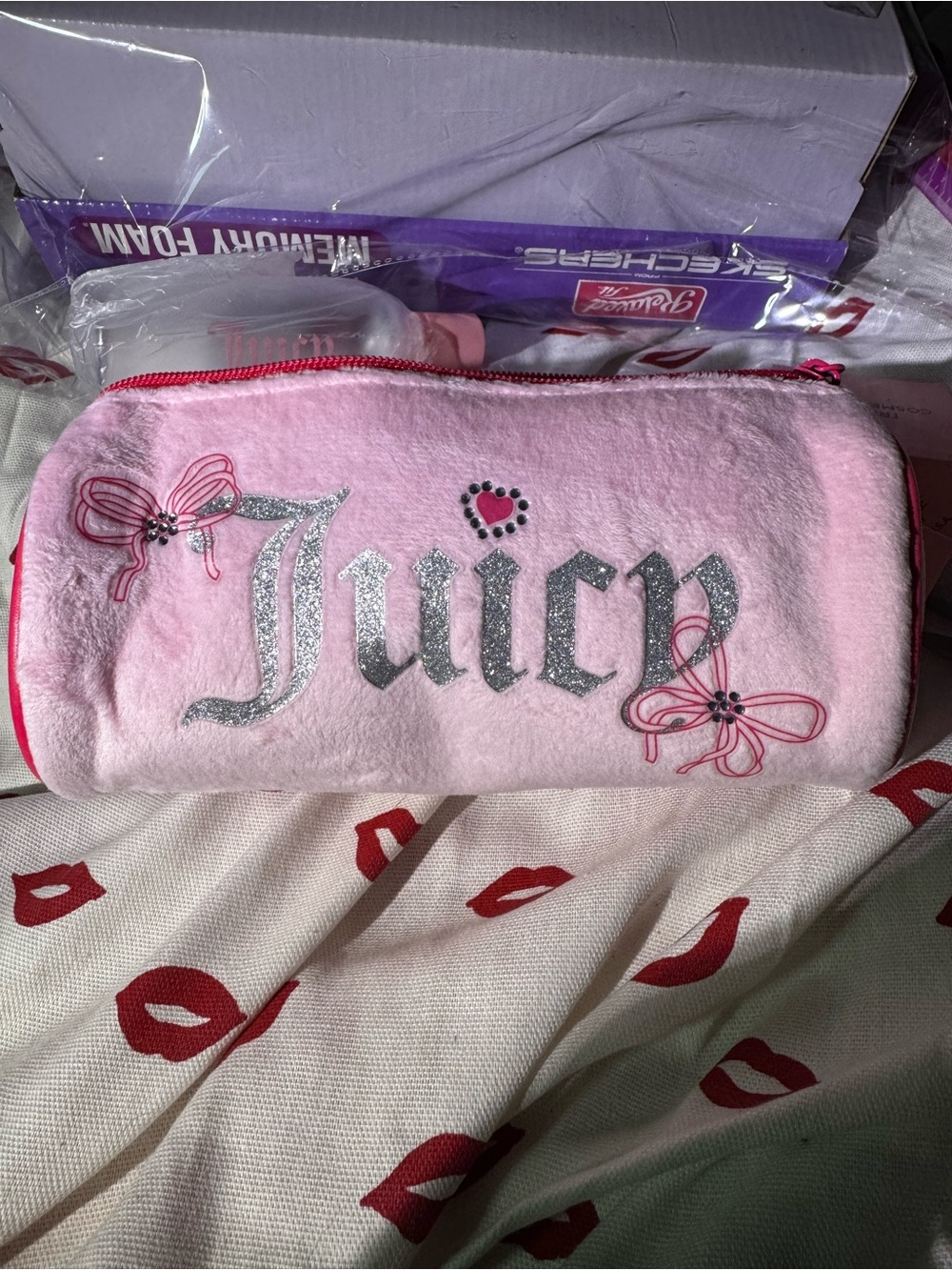 Juicy Couture Pink Plush Cosmetic Pouch with Heart Charm includes travel bottle